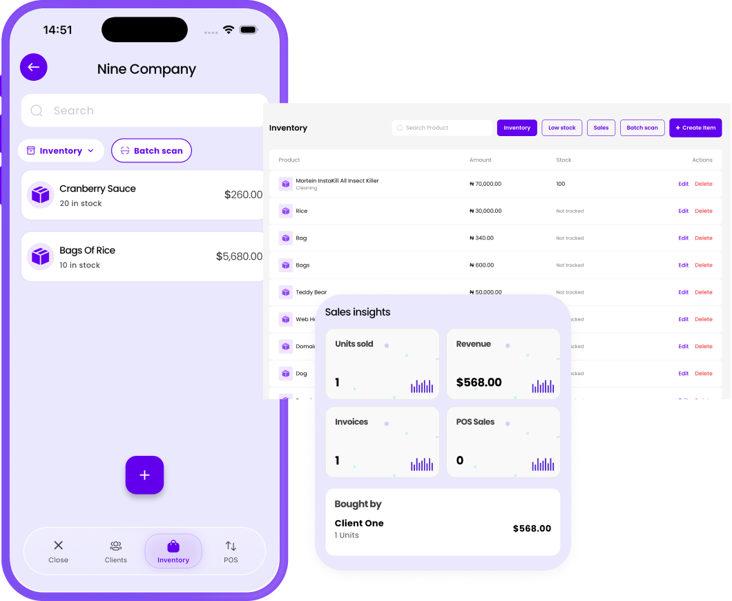 Inventory — stock levels, low-stock alerts, sales insights
