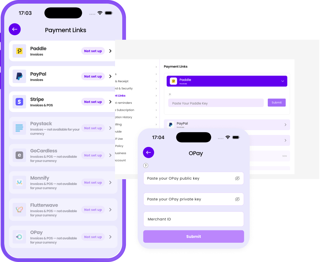 Payment Links — pick from Paystack, Flutterwave, Monnify, OPay, Stripe, GoCardless, PayPal