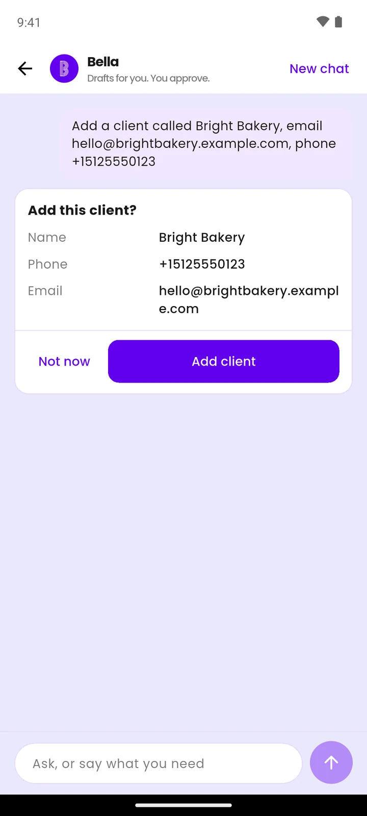 The Billing Plus app showing a Bella confirmation card, "Add this client?", with name, phone and email and buttons for Not now and Add client