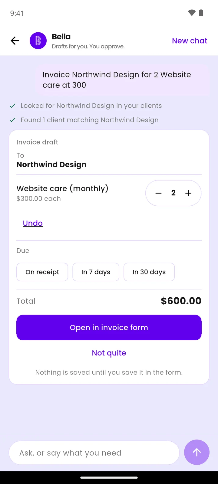 The Billing Plus app turning the sentence "Invoice Northwind Design for 2 Website care at 300" into a draft invoice totalling $600, with a note that nothing is saved until you save it in the form