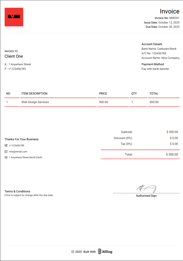 Professional invoice example created in the Billing app